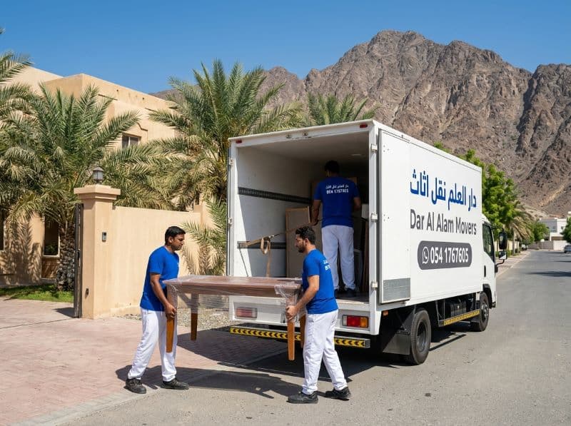 نقل اثاث الفجيرة مع شركة دار العلم نقل اثاث - تحميل أثاث في فيلا بالفجيرة بخلفية جبال الحجر - دار العالم لنقل الأثاث دبي